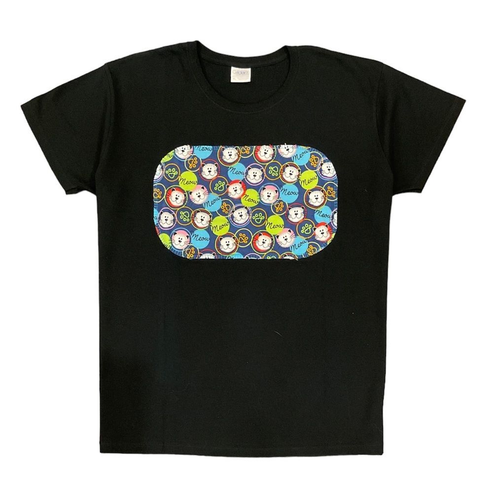 Ladies XL Black Cotton T-Shirt Meow Neon Kitty Applique NEW